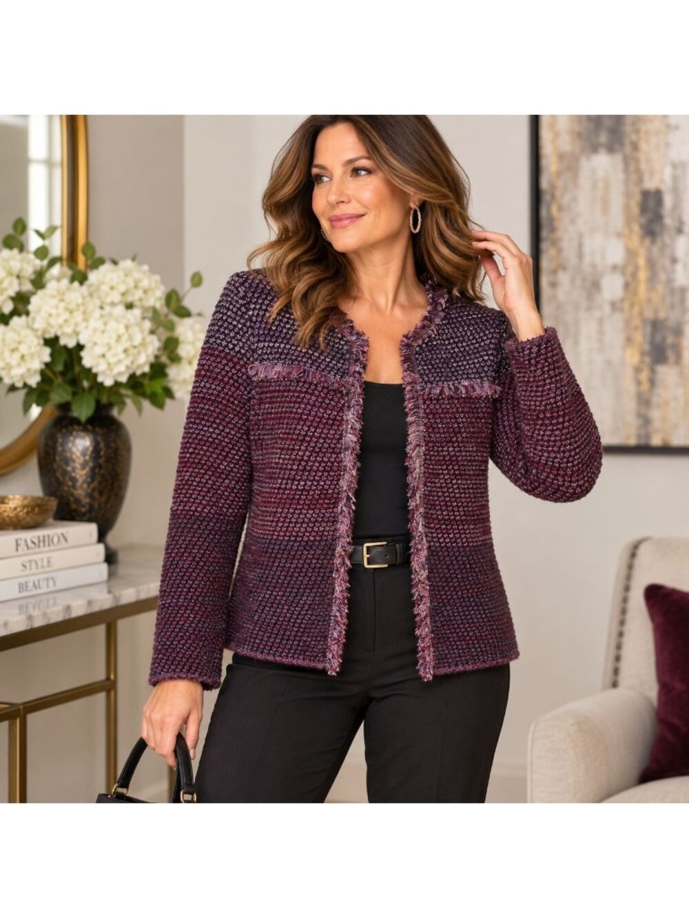 Chicos Size 1 US M Boucle Tweed Jacket Purple Burgundy Metallic Fringe Blazer